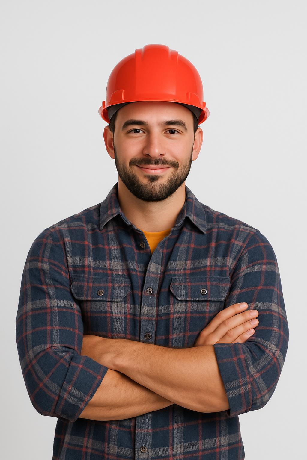 Construction worker in orange hard hat, arms crossed, wearing a plaid shirt, standing against a light background
