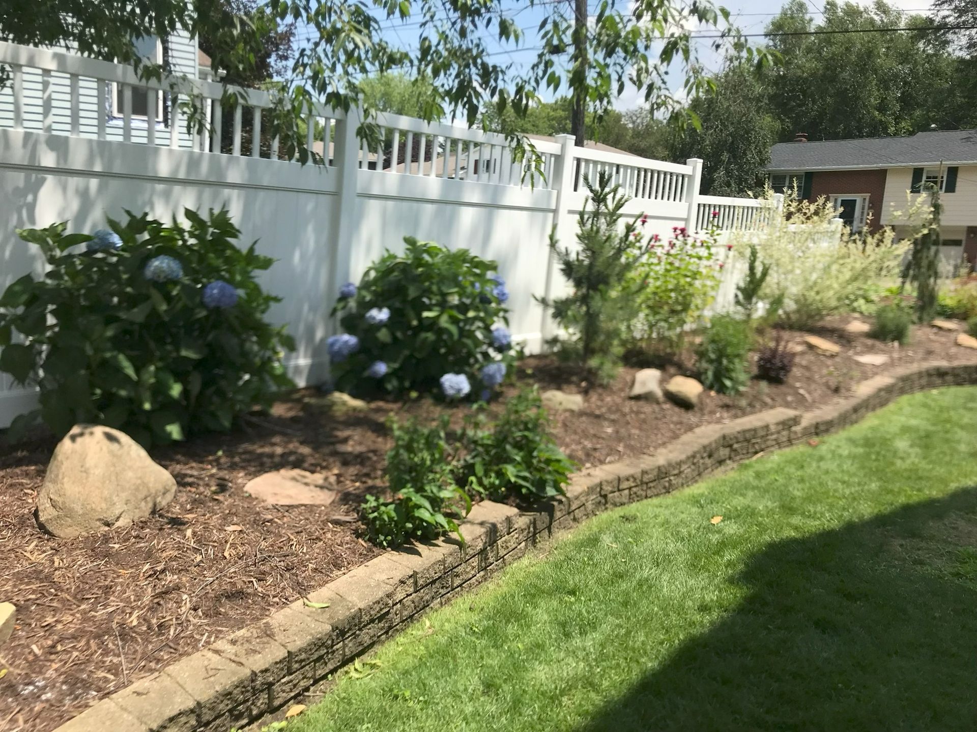 Flowering shrubs and mulch bed along a white fence beside a green lawn in a sunny yard