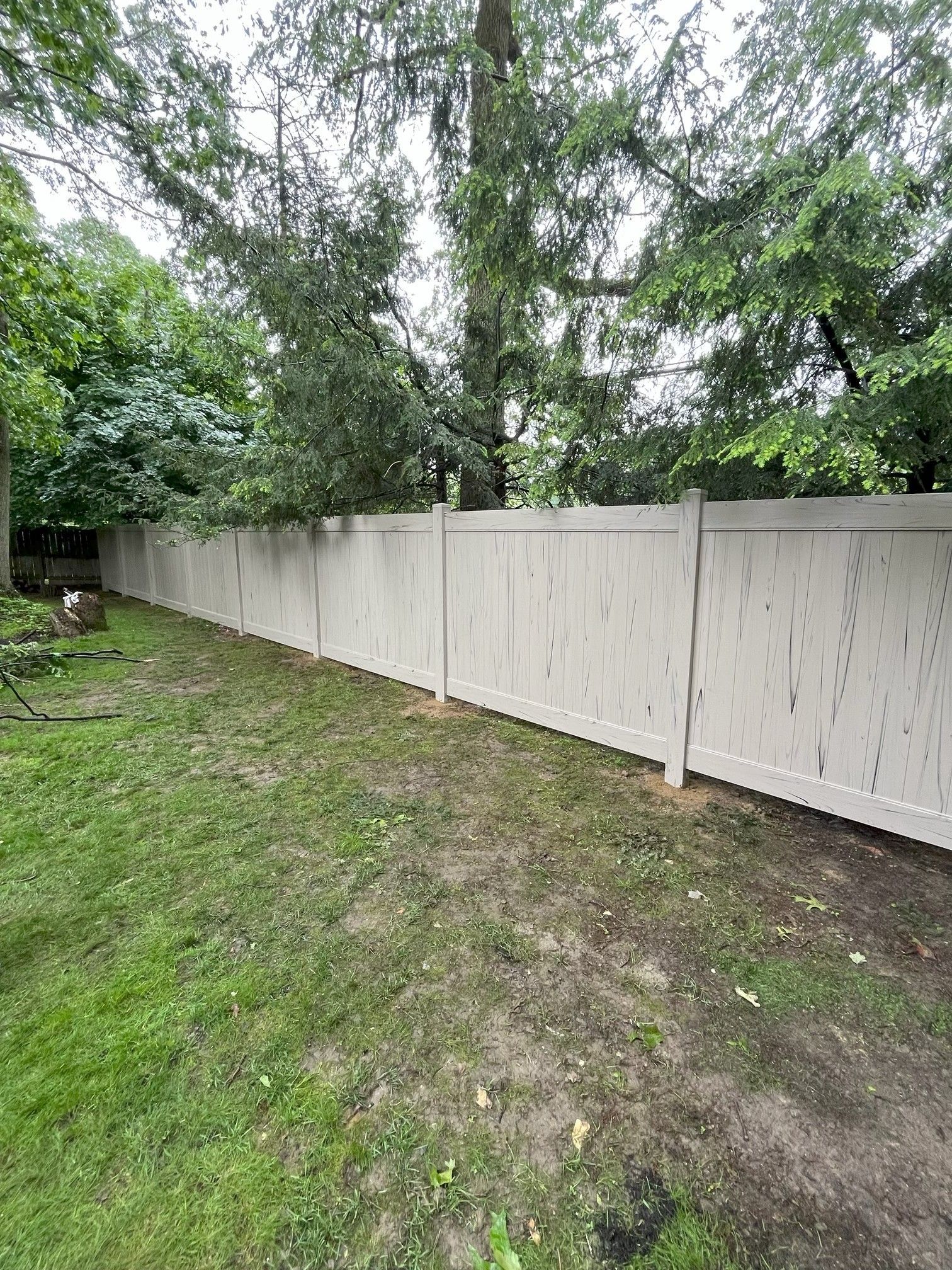 White wooden fence along a grassy yard with trees overhead
