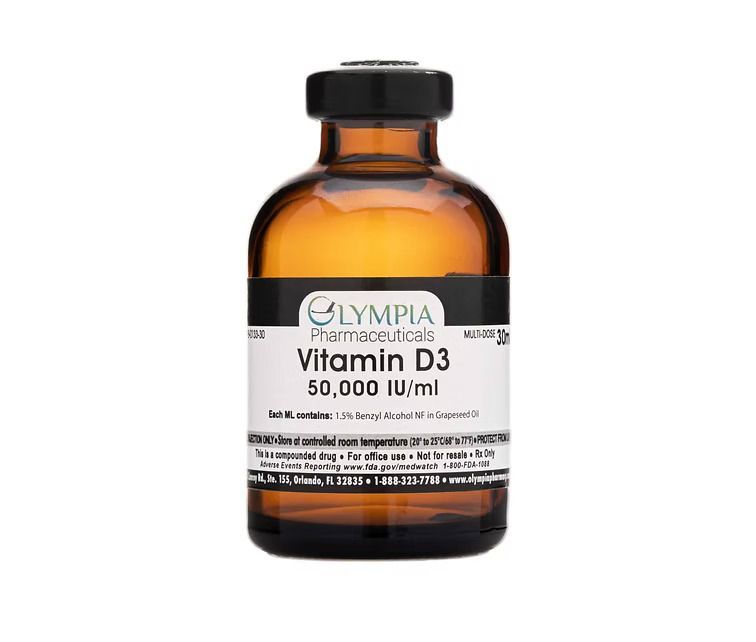 A brown glass vial of Olympia Pharmaceuticals Vitamin D3, 50,000 IU/ml, with a black cap on a white background.