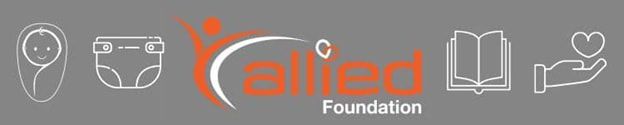 A logo for the allied foundation with icons on a gray background.