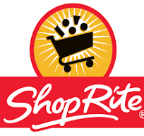 A red and yellow logo for shop rite with a shopping cart in the middle.