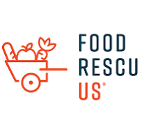 The logo for food rescue us shows a wheelbarrow filled with fruits and vegetables.