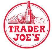 The logo for trader joe 's shows a bottle of wine , bread , cheese and grapes.