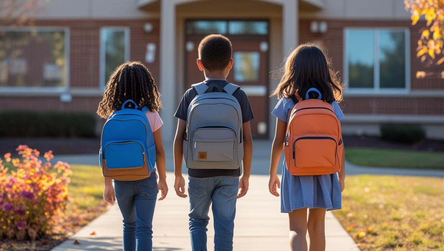 Three children with backpacks walk towards a school building.