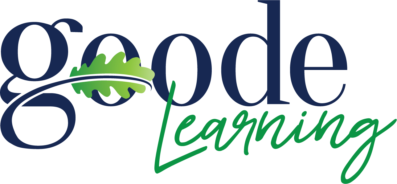 The logo for goode learning is blue and green with a leaf in the middle.