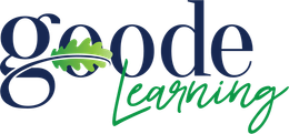 The logo for goode learning is blue and green with a leaf in the middle.