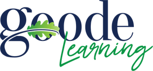The logo for goode learning is blue and green with a leaf in the middle.