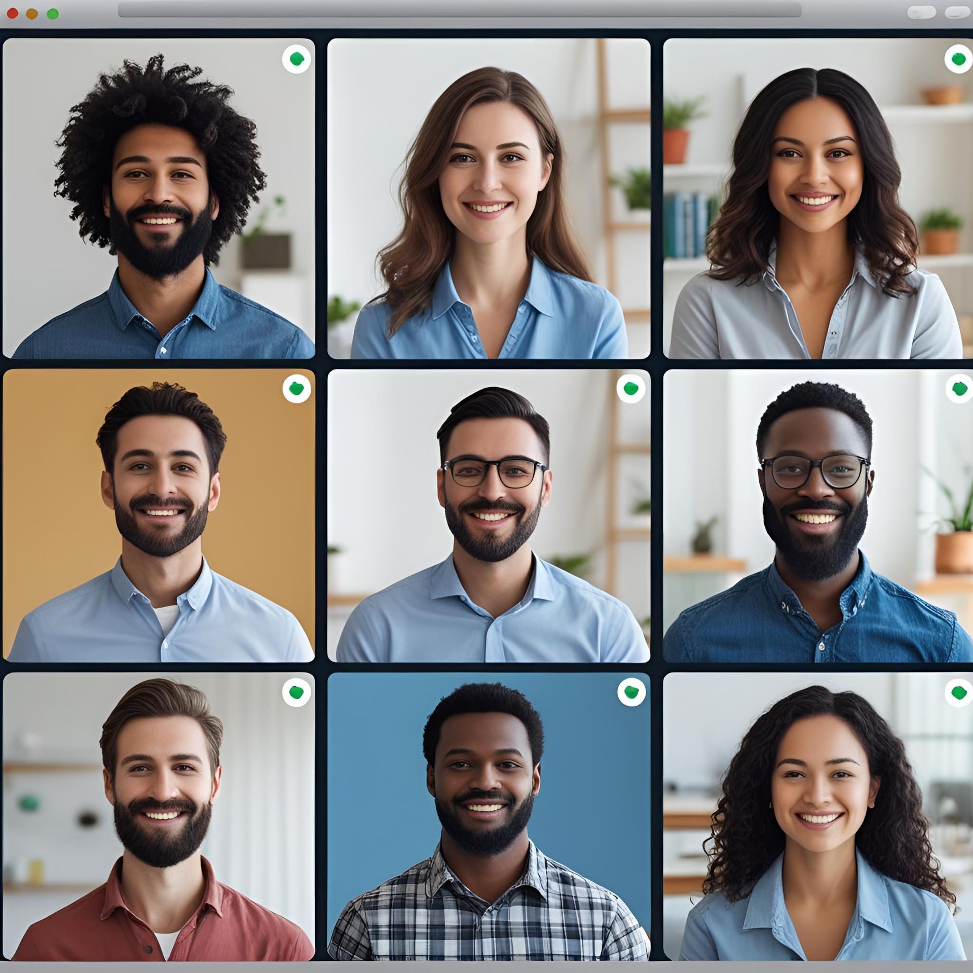 Group video call: Nine smiling people of diverse ethnicities; all looking at the camera.