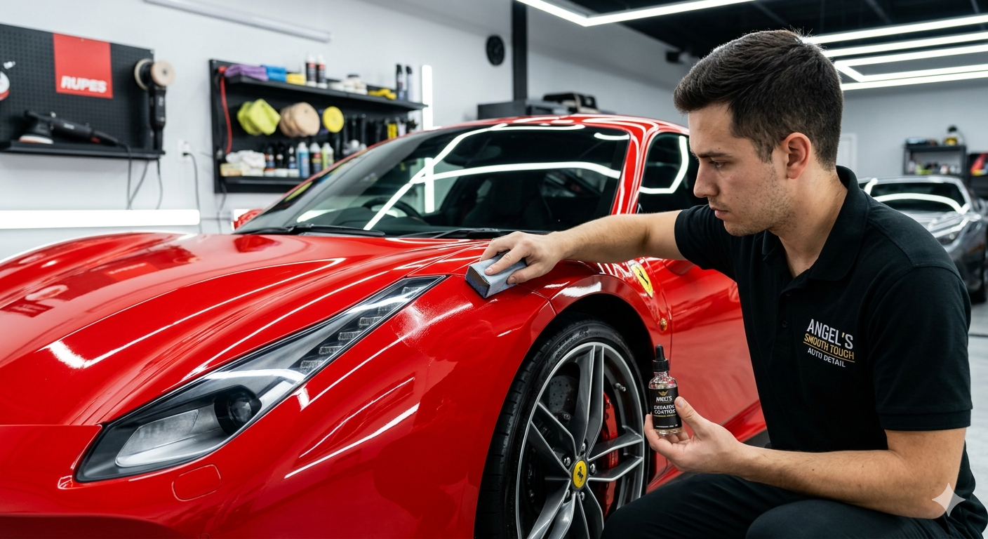 Detailer polishing a red sports car in a garage