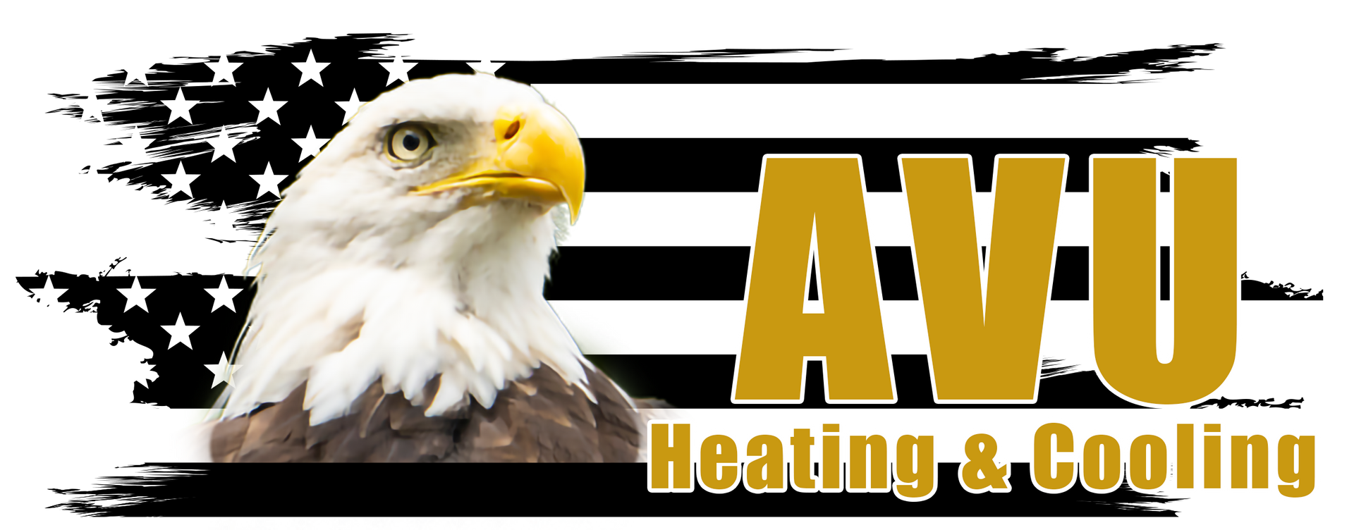 Logo of AVU Heating & Cooling with an eagle in front of an American flag, gold letters.