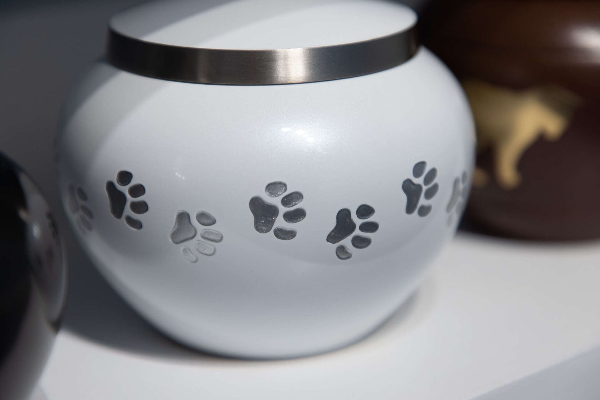 White ceramic pet urn with black paw prints and a silver lid on a surface