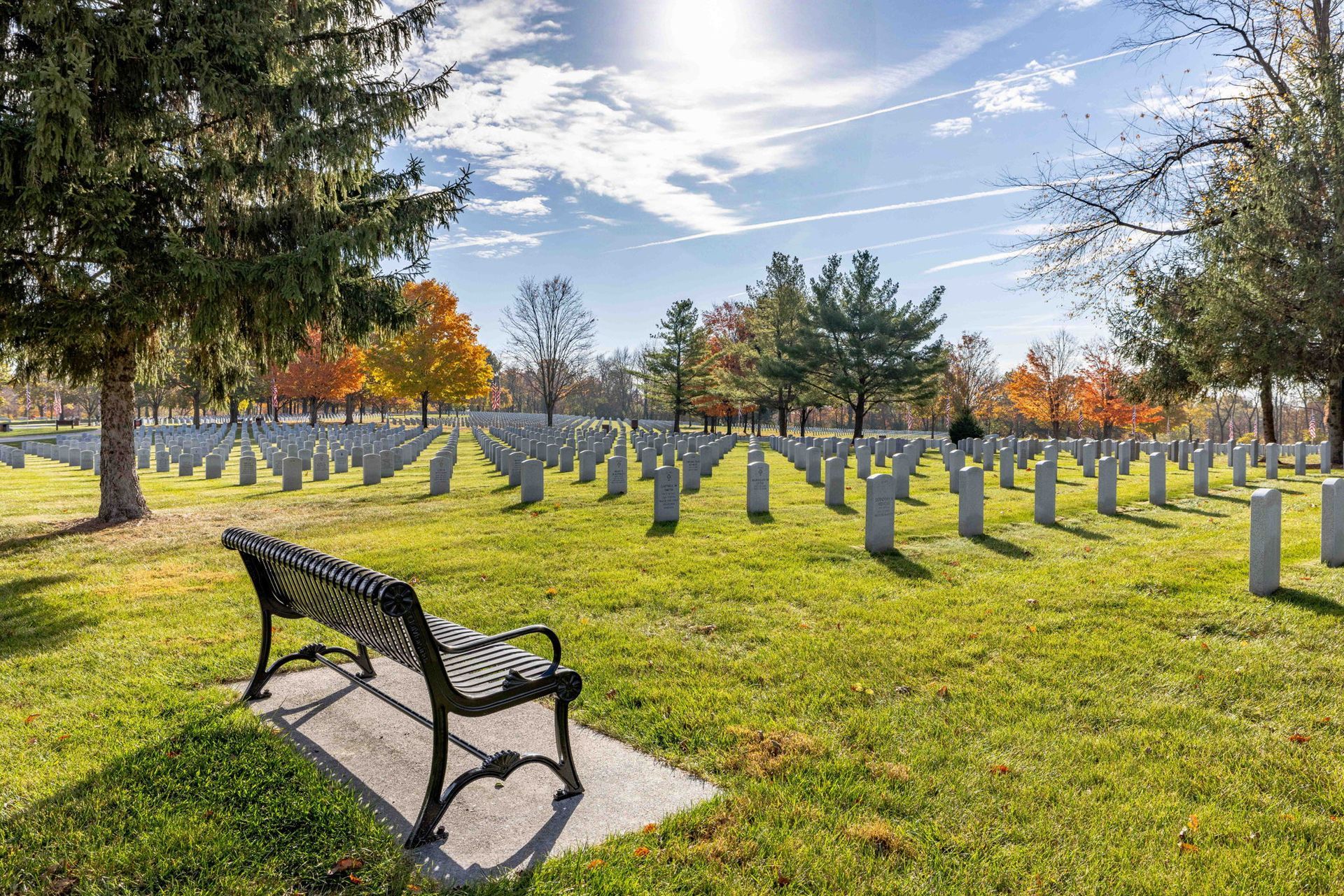 Bench in a cemetery with rows of gray headstones under trees and a blue sky.