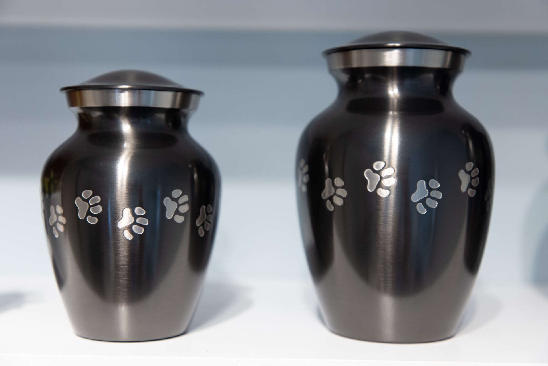 Two black decorative urns with silver paw print patterns on a white surface