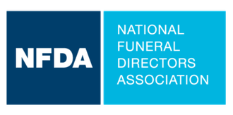 NFDA logo with white letters on dark blue and light blue blocks, National Funeral Directors Association