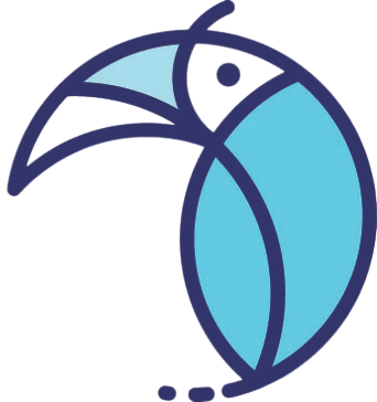 Logotipo estilizado de un tucán azul con contornos morados y tres pequeños puntos debajo.