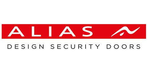 Logo per Alias Design Security Doors: rettangolo rosso con la scritta "ALIAS" in bianco, sotto la scritta "DESIGN SECURITY DOORS". Accanto alla scritta "ALIAS" c'è una "N" stilizzata bianca.