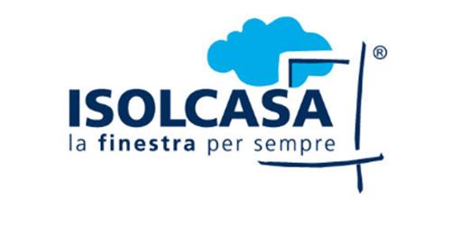 Logo per ISOLCASA con nuvola blu, illustrazione di una finestra e testo in italiano.