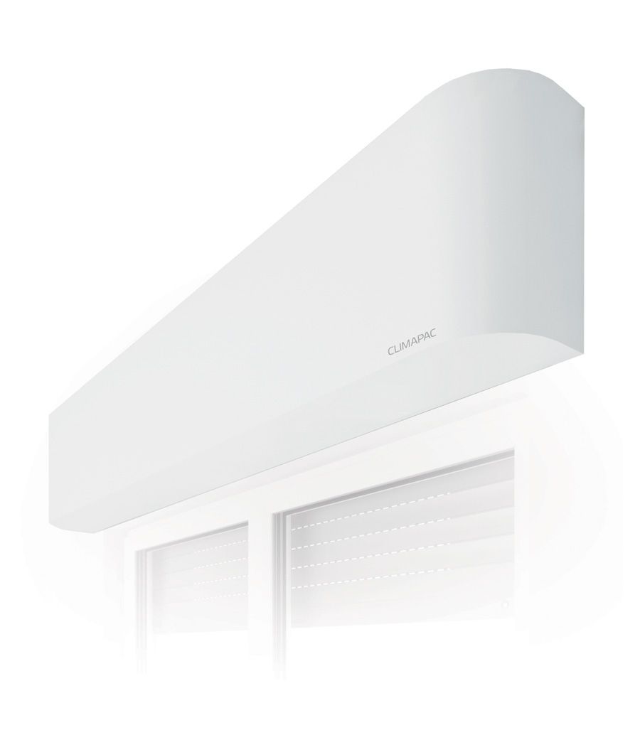 Cassonetto per persiana bianco con parte superiore curva, montato sopra una finestra; include una vista parziale della persiana.