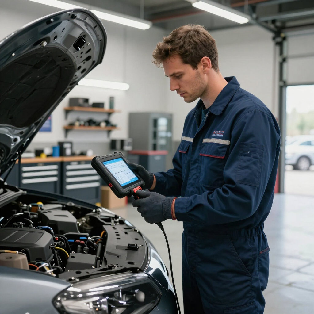 Mechanic using a diagnostic tablet on a car with its hood open in a bright auto workshop for an engine repair