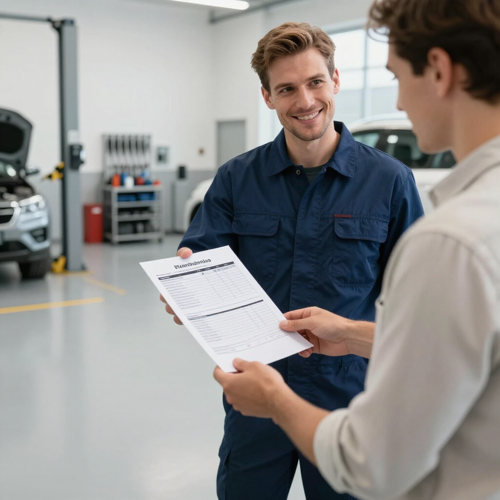 Mechanic smiling at a customer in a garage while reviewing a document after oil change and tire swap.
