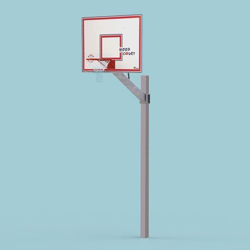 En basketballkurv sidder på toppen af en stang på en blå baggrund.