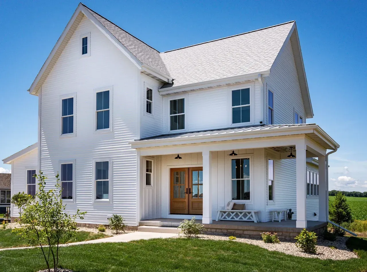 White two-story house with front porch, gabled roof, and green lawn on a sunny day