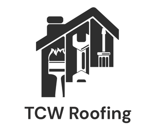 TCW Roofing logo with house roof, tools, and painter in black and gray
