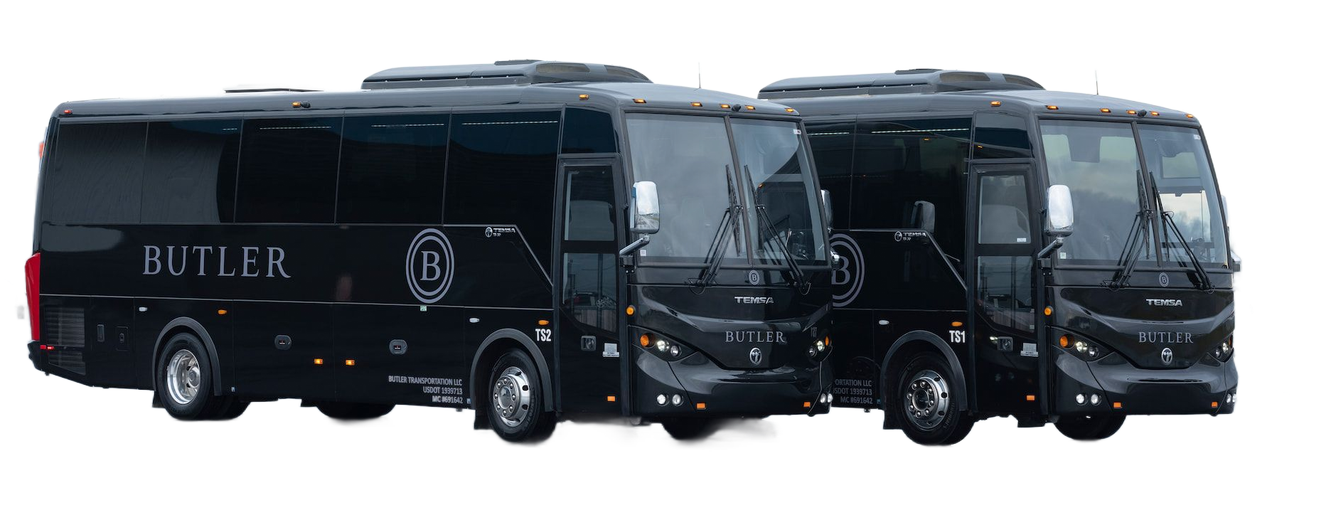 Two identical, sleek black Butler brand charter buses parked side-by-side against a plain white background.