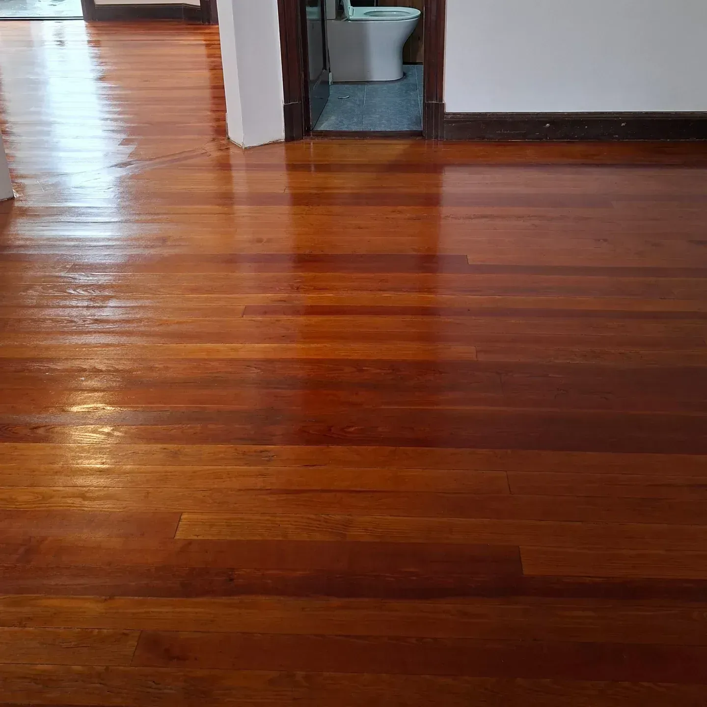Un suelo de madera pulida conduce a una puerta desde donde se ve un pequeño lavabo.
