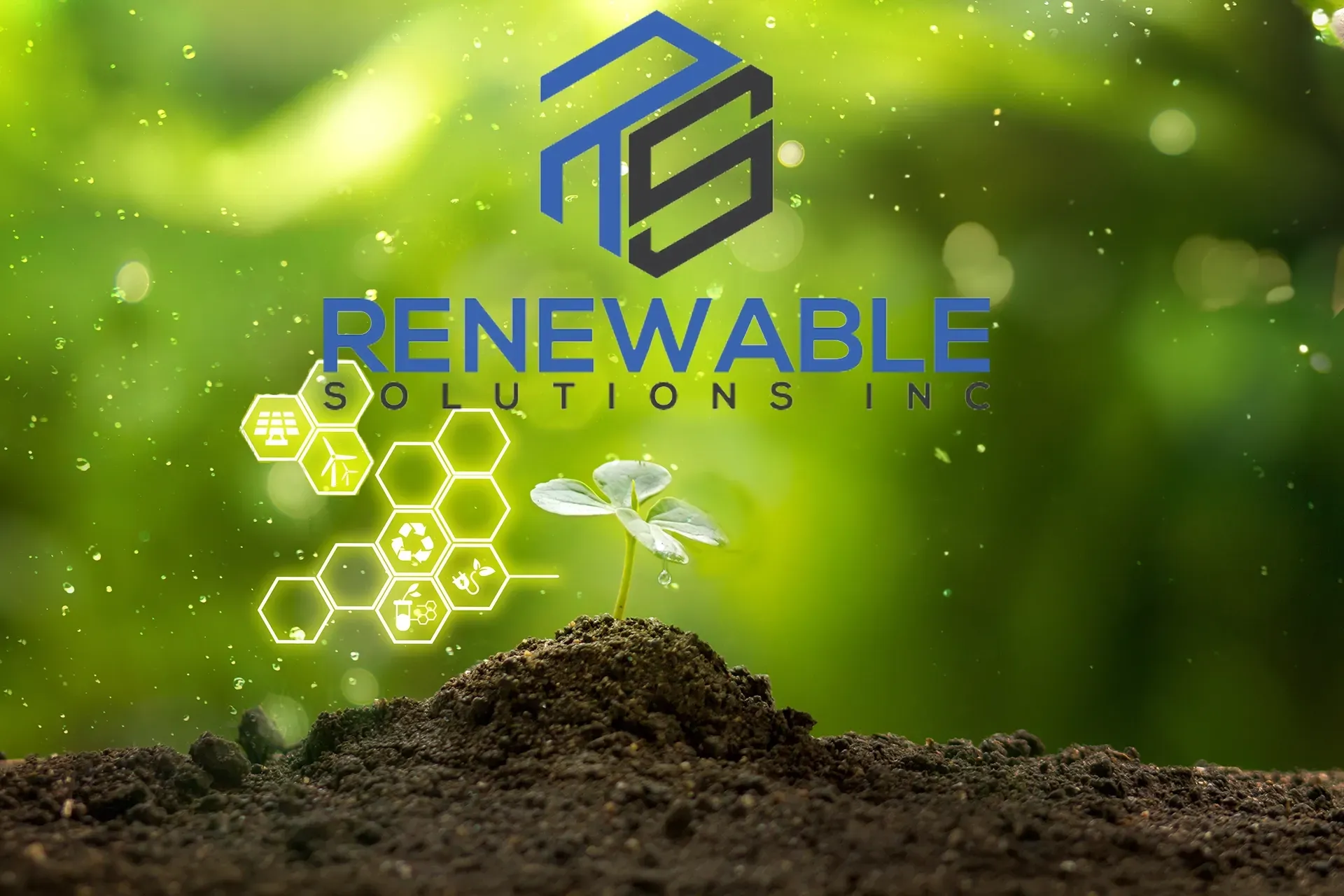 Renewable solutions logo over the photo of a plant in dirt with a green background