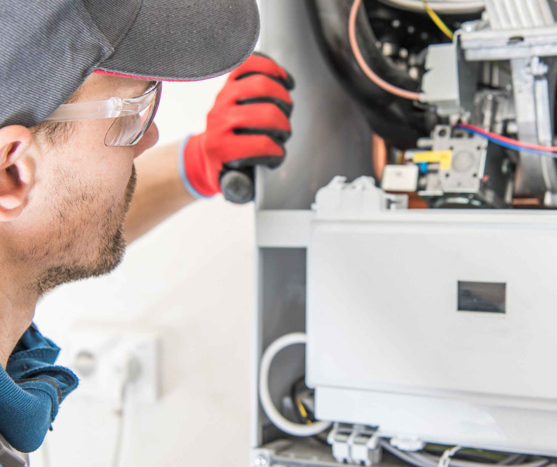 Technician in gloves and safety glasses working on a furnace.