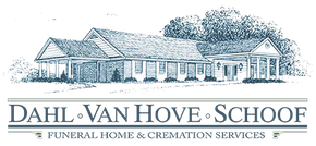 Line drawing of funeral home building with name &ldquo;DAHL&middot;VAN HOVE&middot;SCHOOF&rdquo; below.