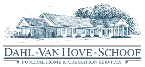 Line drawing of funeral home building with name “DAHL·VAN HOVE·SCHOOF” below.