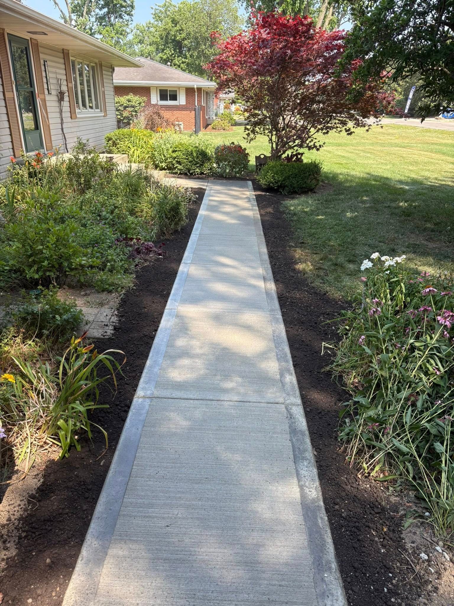A straight concrete walkway leading toward a house and a landscaped yard with green bushes and a red-leafed tree.