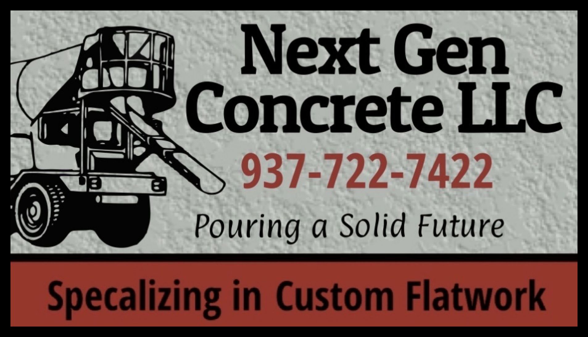 Business card for Next Gen Concrete LLC, featuring a concrete mixer graphic, contact number, and service information.