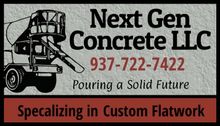 Business card for Next Gen Concrete LLC, featuring a concrete mixer graphic, contact number, and service information.