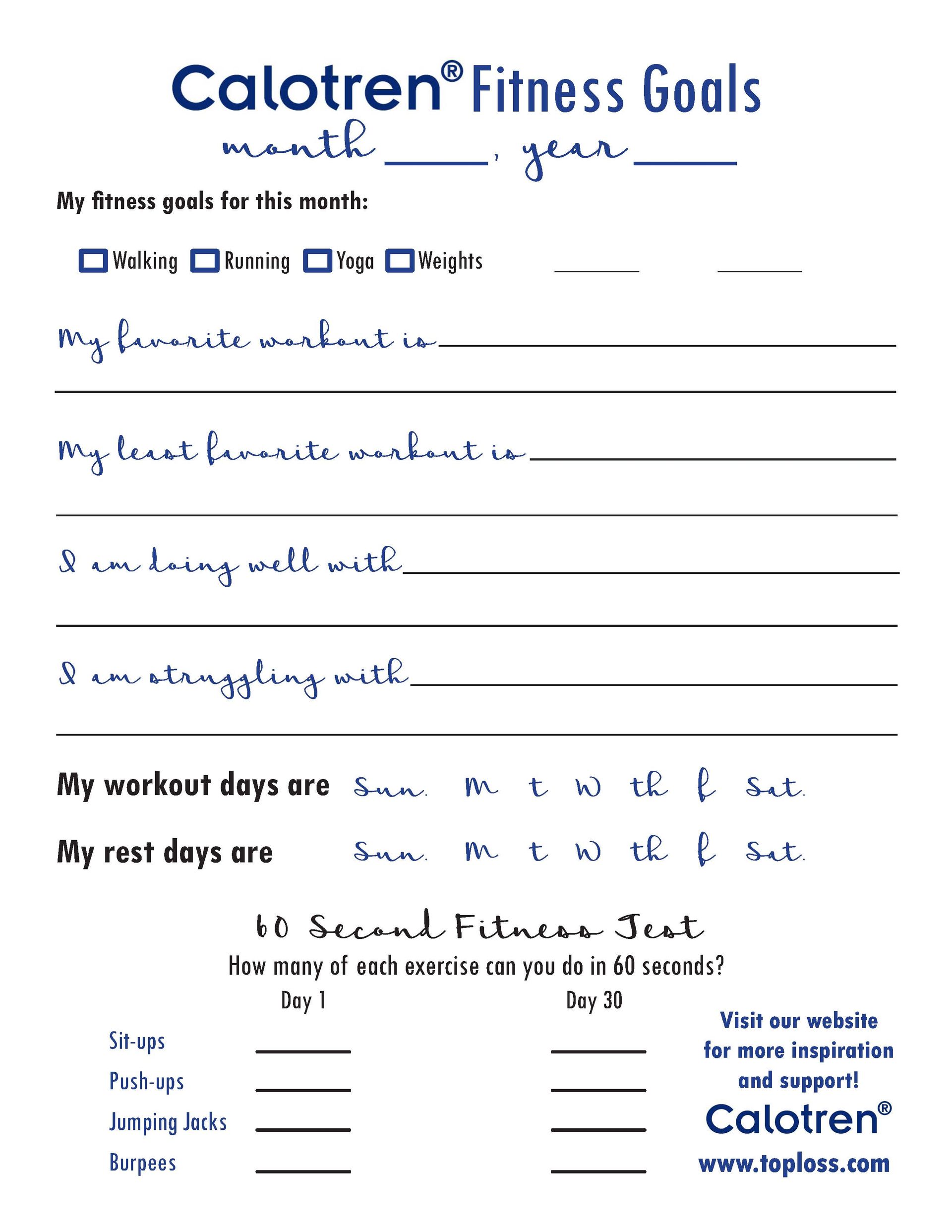 Fitness goals worksheet from Calotren with sections for goals, favorite products/workouts, and fitness tests.
