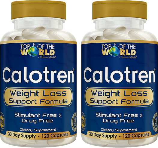 Two bottles of Calotren weight loss supplements. Blue labels, gold tops, white capsules.