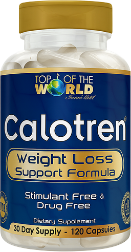Bottle of Calotren weight loss capsules. Blue and gold label, clear capsules inside.
