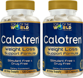 Two bottles of Calotren weight loss supplements. Blue labels, gold tops, white capsules.