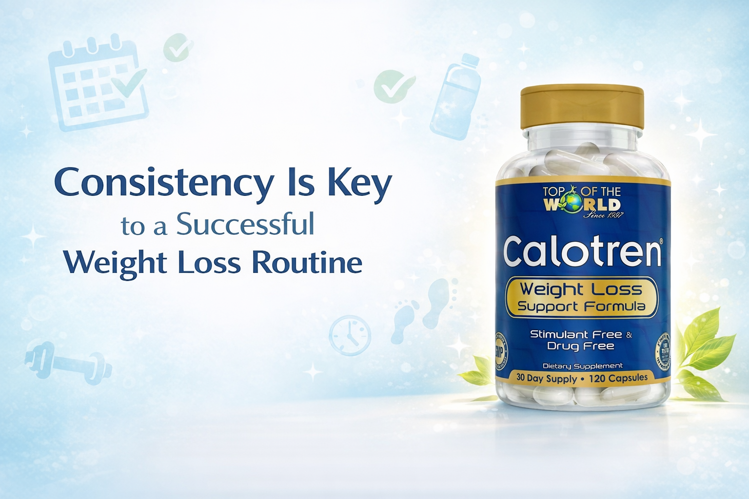 Bottle of Calotren weight loss pills, with text 