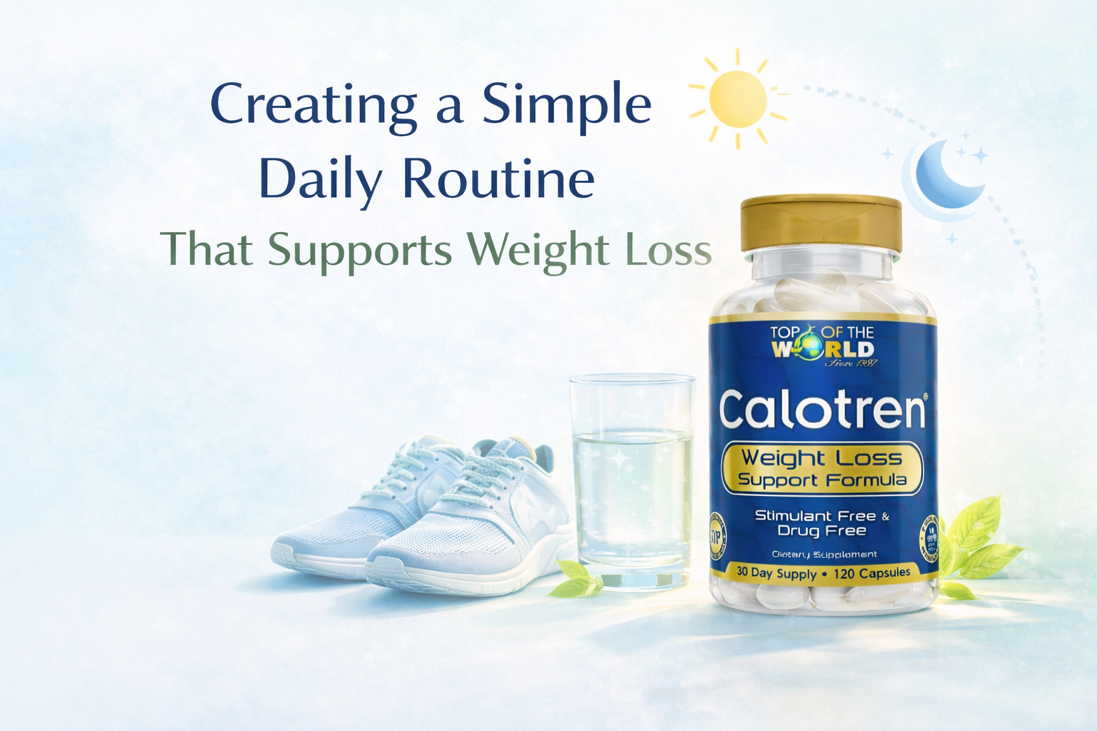 Advertisement for Calotren weight loss supplement: bottle, shoes, glass of water, and text over a cloudy background.