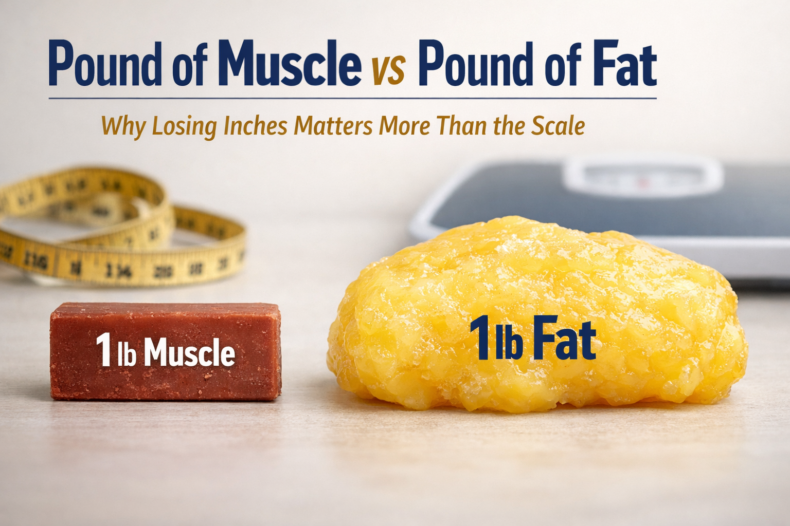 Comparison of 1 lb of muscle (small, red block) vs. 1 lb of fat