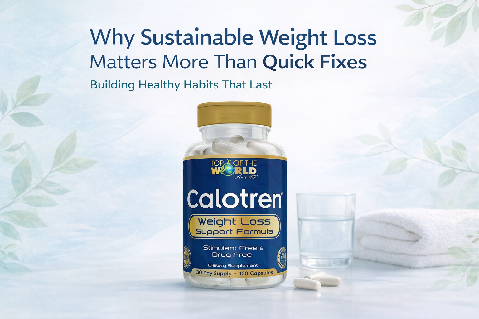 Bottle of Calotren weight loss pills, with a glass of water and a towel, promoting sustainable weight loss.