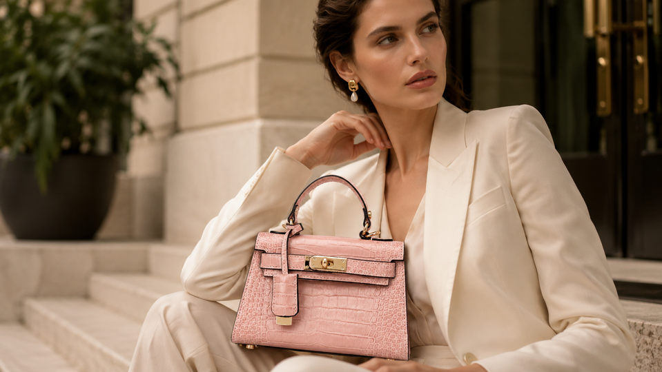 Una donna in tailleur color crema tiene in mano una borsetta trapuntata rosa su una scalinata di pietra all'aperto.