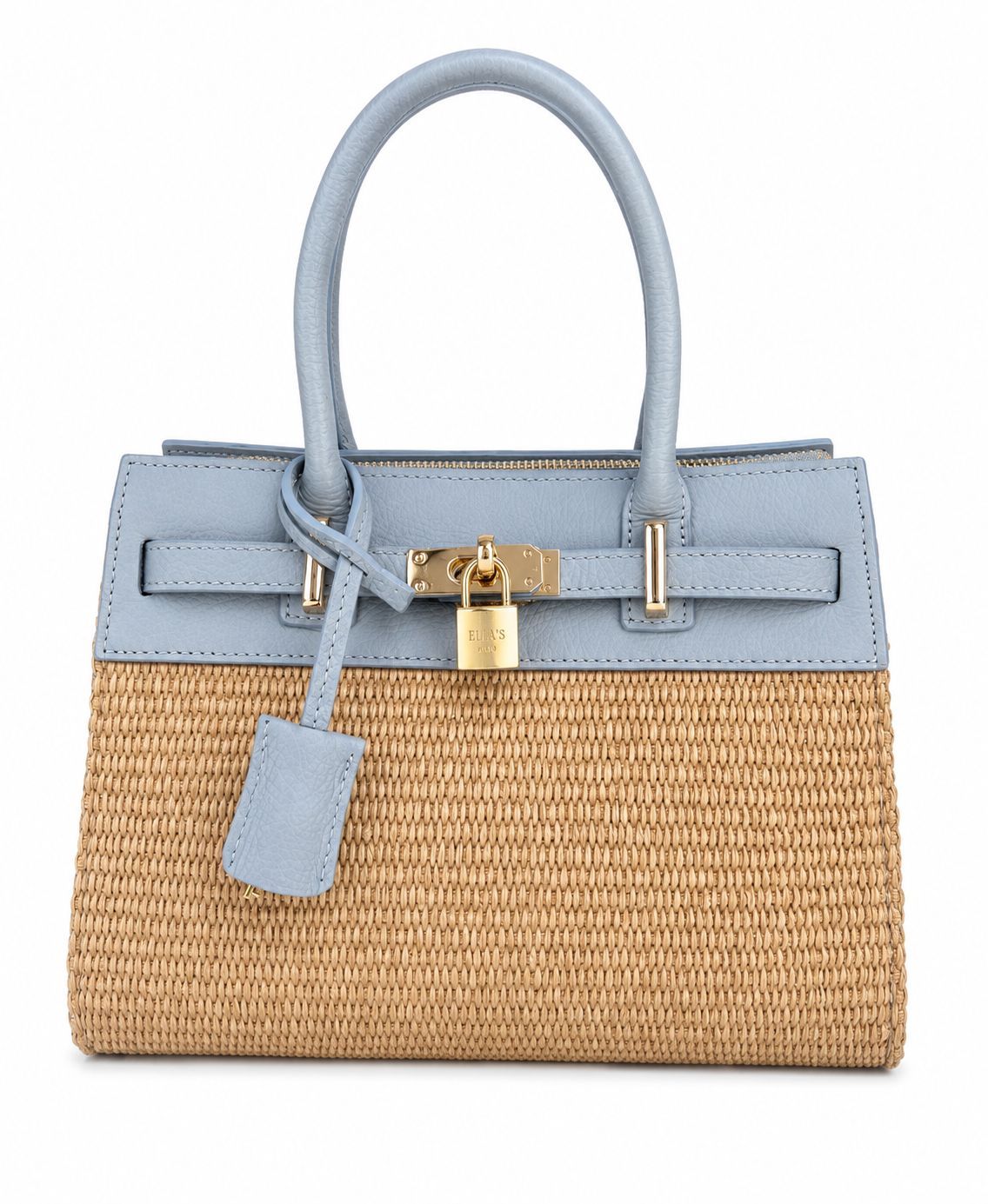 Borsa a mano in paglia azzurra e beige con chiusura dorata e manico superiore.