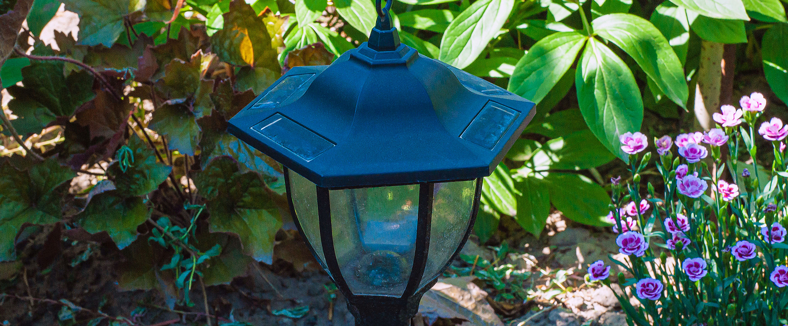 A black solar-powered lamp in a garden setting with purple flowers and green foliage