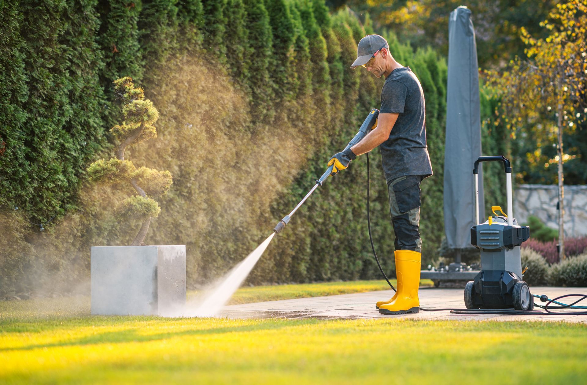 Man power washing a concrete block on a patio, surrounded by greenery