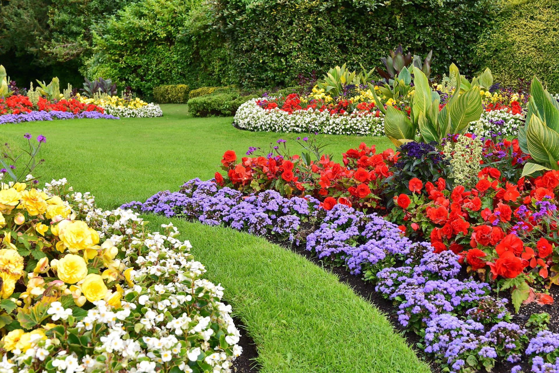 A vibrant garden with colorful flowers of red, yellow, and purple surrounding a green lawn